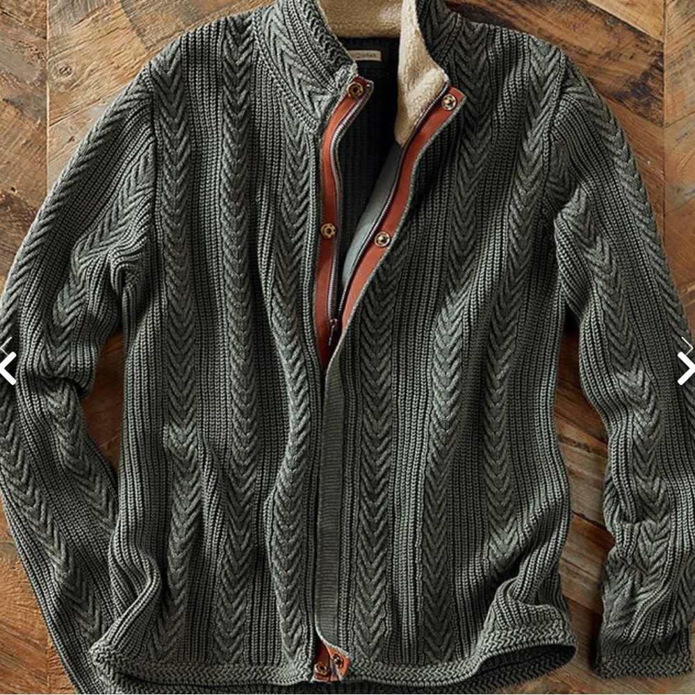 Carbon2Cobalt Olive Cable Knit Sherpa Collar Zip Cardigan Jacket Size L - Picture 7 of 7